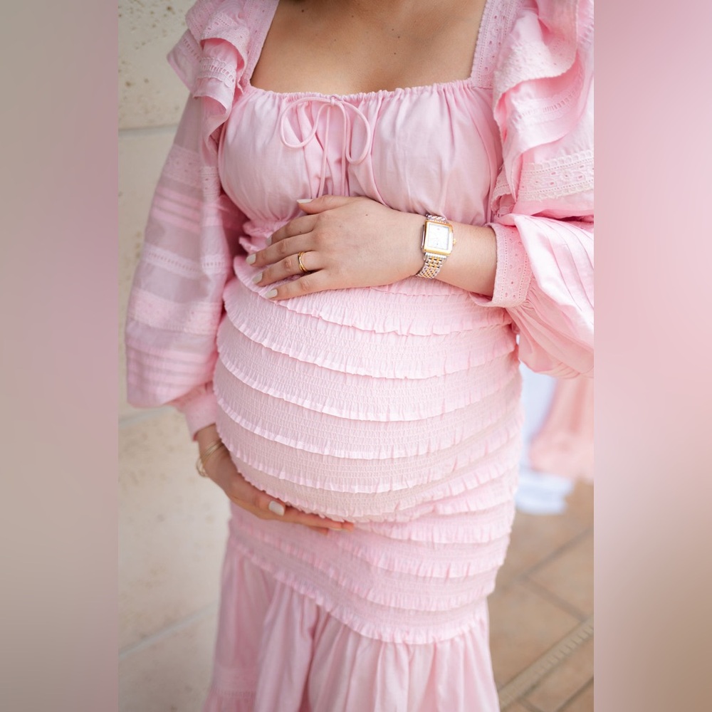 FARM Rio light pink long sleeve smocked midi dress